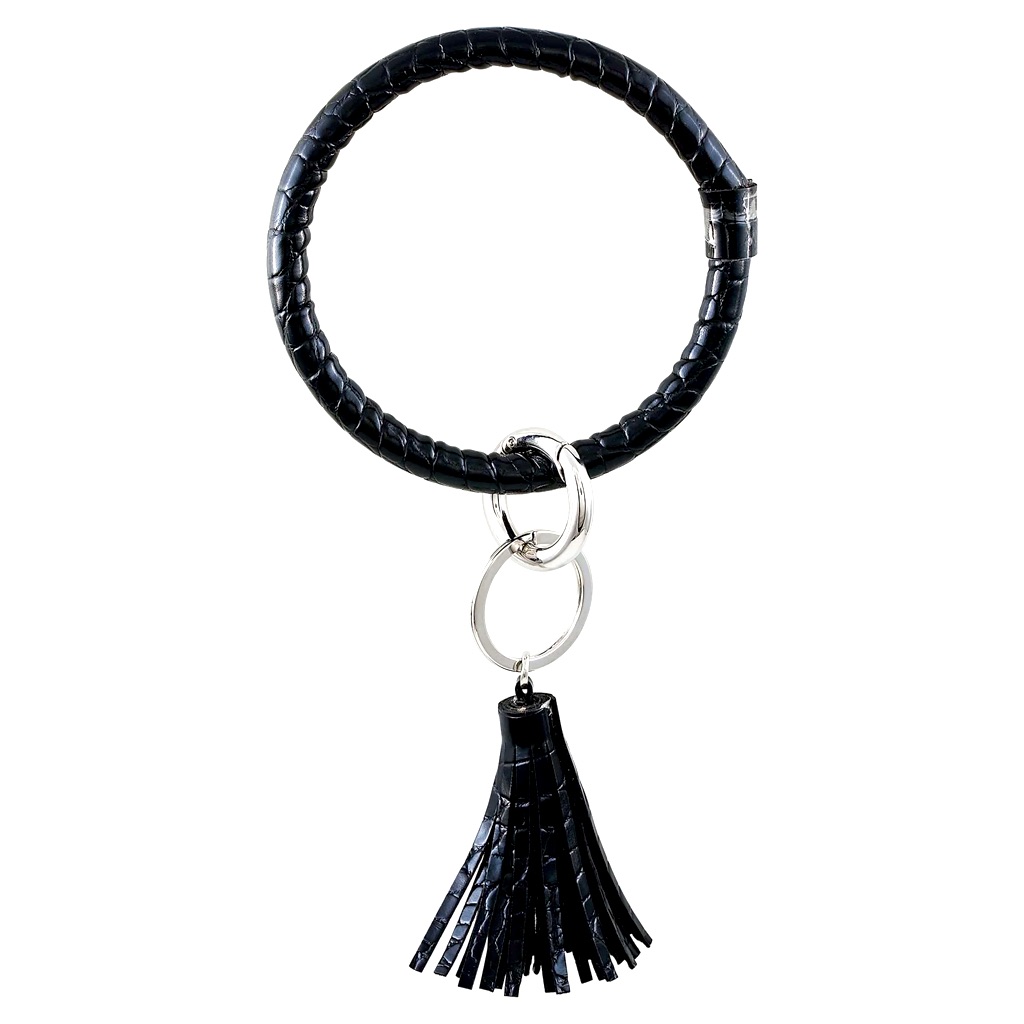 Women's Black Oversized Bracelet Keychain With Jet Faux Leather Tassel